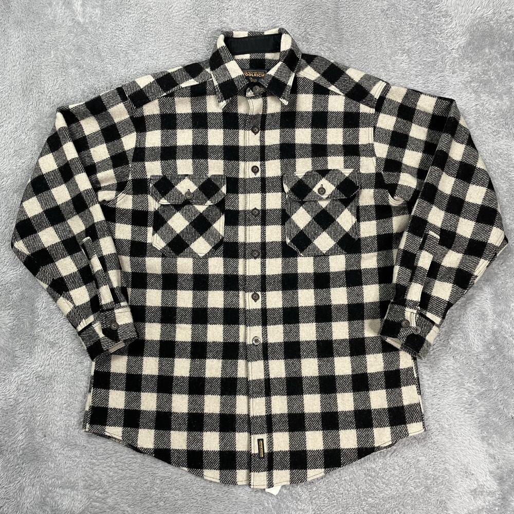 Woolrich Shirt Mens Large Black White Buffalo Plaid Wool Flannel Button Front